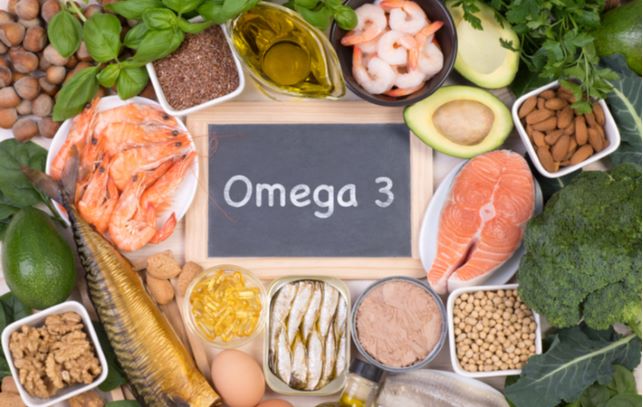 Omega 3 food showing fish, shrimp, and nuts to help with dry eye