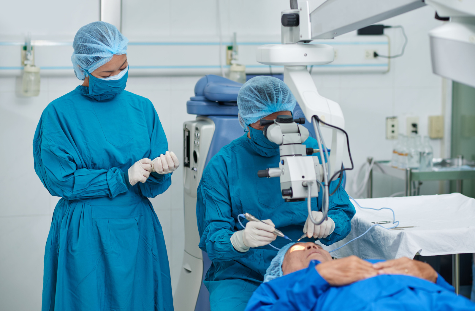 A patient undergoing a cataract surgery.